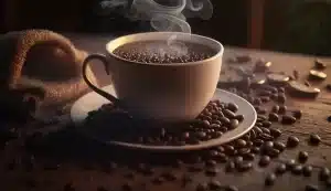 close up coffee cup wooden table steam rising generative ai scaled e1696015002996